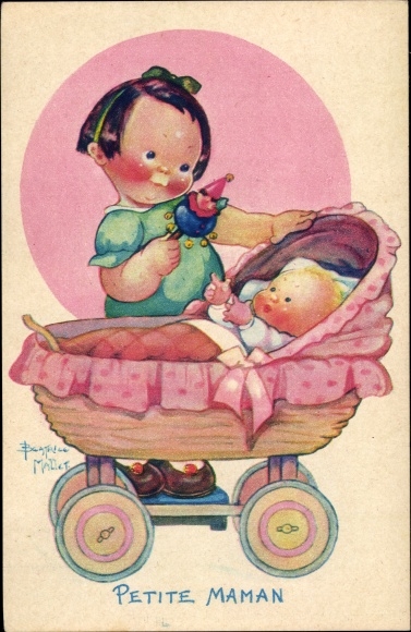 Artist Postcard Mallet, Beatrice, Petite Maman, girl with rattle, baby, stroller