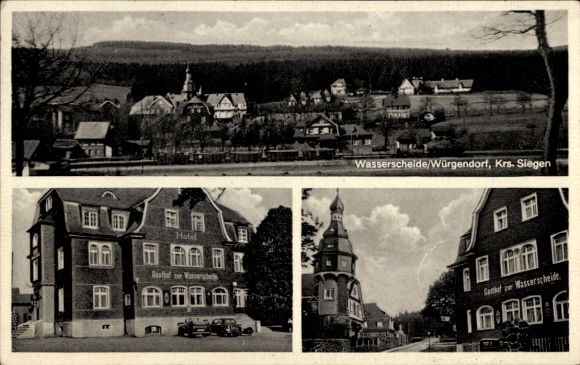 Postcard Würgendorf Burbach in Westphalia, panorama of the village, Gasthof zur Wasserscheide, owner Fr. Oswald