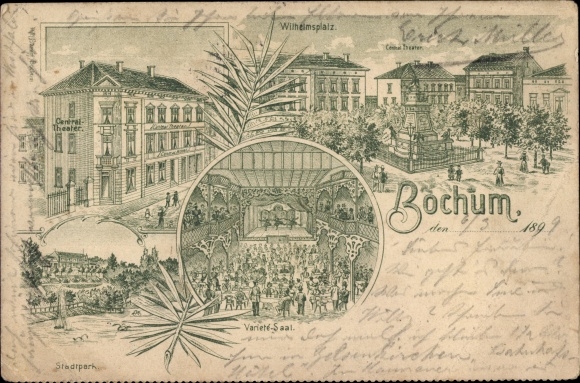 litho Bochum in het Ruhrgebied, Wilhelmsplatz, Centraal Theater, binnenaanzicht, stadspark