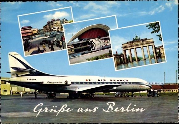 Postcard Berlin Tempelhof, airport, French passenger plane, Brandenburg Gate