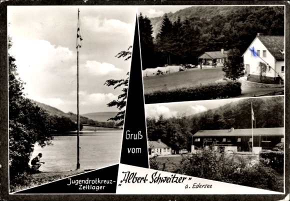 Postcard Hemfurth Edersee Edertal Hessen, black and white picture collage, tent camp, flag, building, nature,