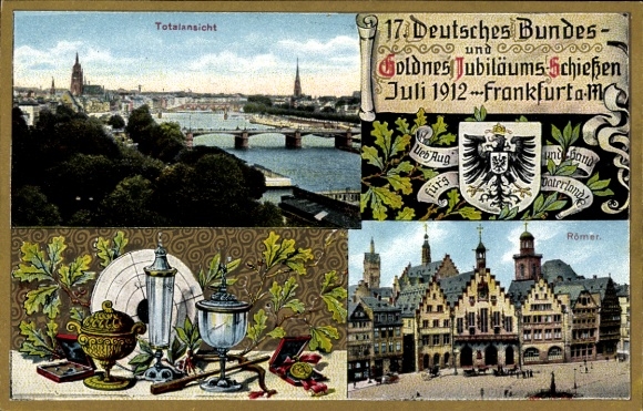 Coat of arms Postcard Frankfurt am Main, 17th German Federal Shooting 1912, Römer, total view