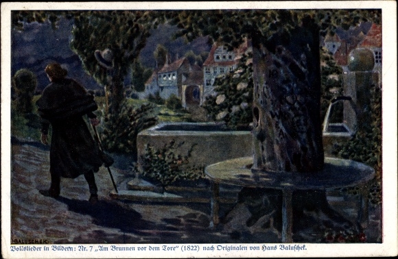 Artist song Postcard Baluschek, Hans, at the fountain in front of the gates, folk songs no. 7