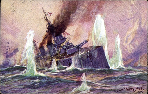 Artist PC Stöwer, Willy, Naval Battle North Sea 1915, English battle cruiser, German cruiser