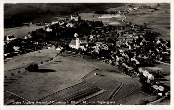 Postcard Bad Grönenbach im Allgäu, aerial view of church visible, rural surroundings