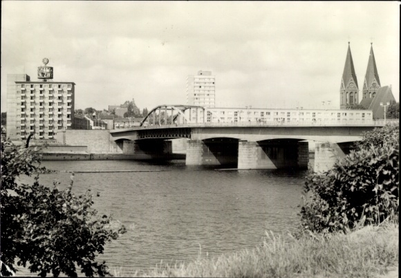 Postcard Frankfurt an der Oder, view from the Polish bank of the Oder, bridge, church