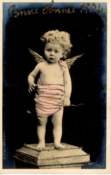 Glitzer Ak Neujahr 1902, kleines Kind als Amor