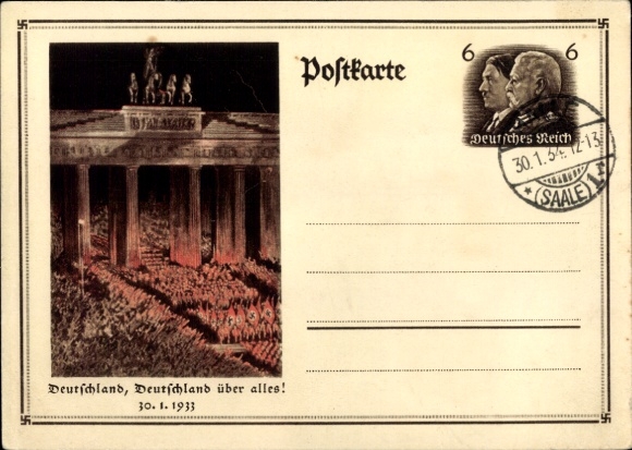 Ganzsachen Ak Berlin, Deutschland über alles, Aufmarsch 30. Januar 1933, Brandenburger Tor
