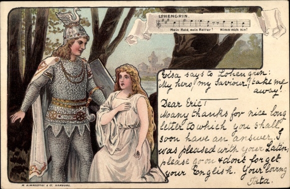 Kunstenaar litho Fründt, Lohengrin, Mijn held, mijn redder, Take me, operascène, Richard Wagner
