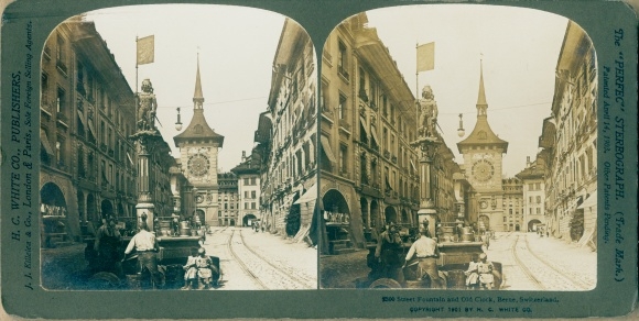 Stereo photo Bern city Switzerland, street fountain and clock tower