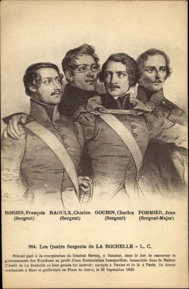 Artist Postcard The Four Sergeants of La Rochelle, 1822, Bories, Raoulx, Goubin, Pommier