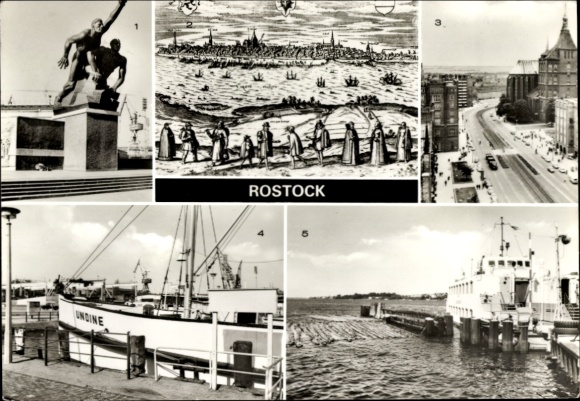 Ak Hansestadt Rostock, Skulptur, Rostock Ansicht, Kulturs Museum, Hafen, Schiff