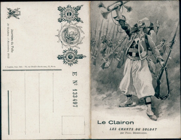 Song Klapp Postcard Le Clairon, Les Chants du Soldier, Paul Deroulede, Colonial Warrior
