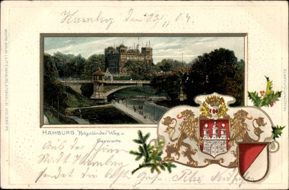 Embossed Passepartout Coat of Arms Chromo-Litho Hamburg Mitte St. Pauli, Helgoländer Weg and Seewarte