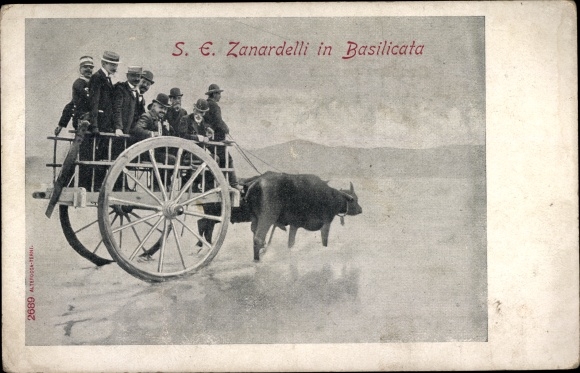 Ak S. E. Zanardelli in Basilicata, Innenminister von Italien, Rinderfuhrwerk