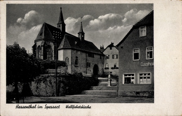 Postcard Hessenthal Mespelbrunn in the Spessart, pilgrimage church, guesthouse
