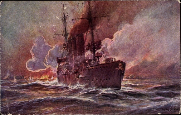 Artist PC Stöwer, Willy, SMS Emden bombards Madras, cruiser, Imperial Navy, WWI