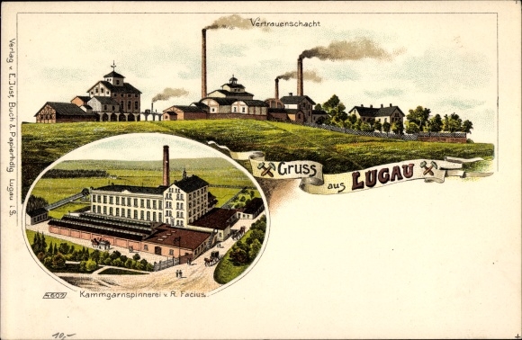 Litho Lugau im Erzgebirge, Kammgarnspinnerei von R. Facius, Vertrauenschacht