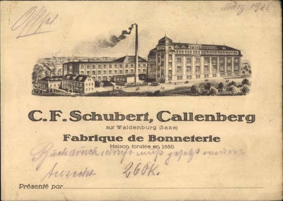 Postcard Callenberg in Saxony, hosiery and knitwear factory CF Schubert