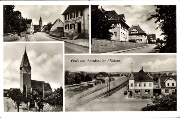 Ak Bernhausen Filderstadt Baden Württemberg, Straßenpartie, Gasthaus Adler, Kirche, Bahnhof