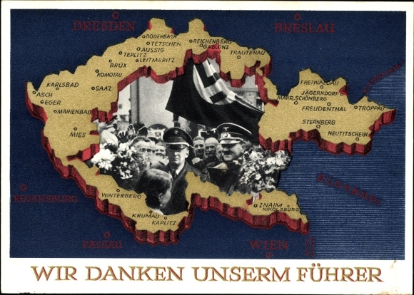 Postal stationery Postcard We thank our leader, Sudetenland, Bohemia, Moravia, Hitler