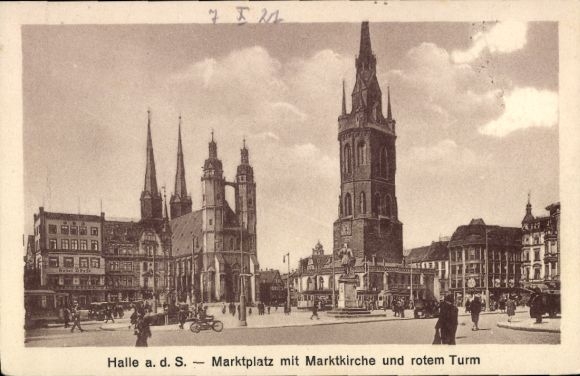 Postcard Halle an der Saale, market square, market church, red tower,