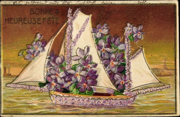 Embossed Chromo-Litho Bonne et Heureuse Fete, happy birthday, violet sailboat, flower image