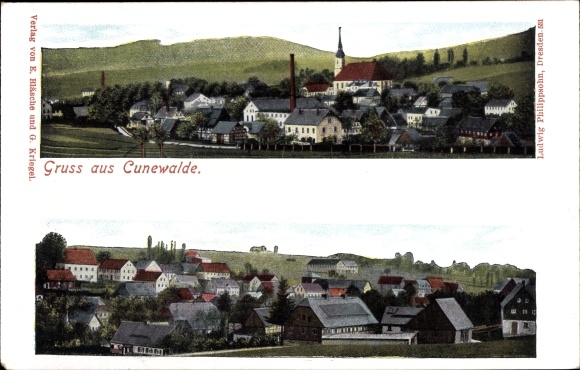 Postcard Cunewalde in the district of Bautzen, total view of the village, church