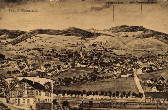 Artist PC Nieder Ramstadt Mühltal in the Odenwald, general view, Gasthaus zum goldenen Löwen