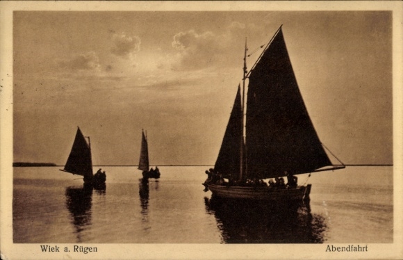 Ak Wiek op Rügen, avondtocht, zeilschepen op zee bij zonsondergang