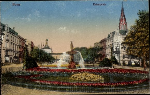 Postcard Bonn am Rhein, Kaiserplatz, fountain, flowerbed, building