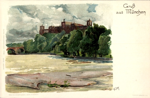 Künstler Litho Kley, München, Maximilianeum, Isar
