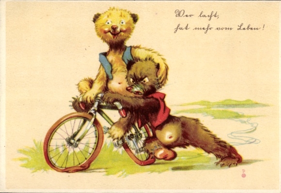 Artist Postcard He who laughs has more of life, bears, bicycle, teddy