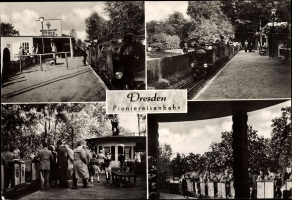 Postcard Dresden, Großer Garten, Pioneer Railway, Steam Locomotive, Frohe Zukunft Station, Passengers