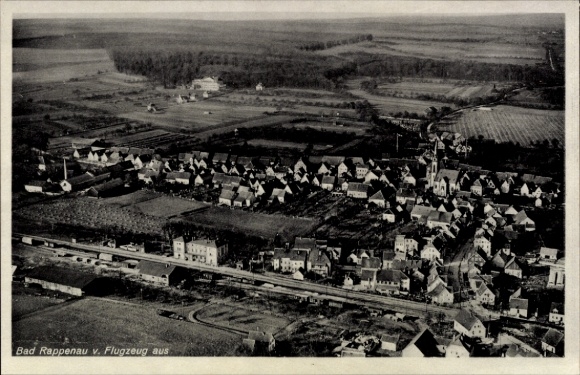Postcard Babstadt Bad Rappenau in Baden, aerial view of houses, fields, church, aircraft photo