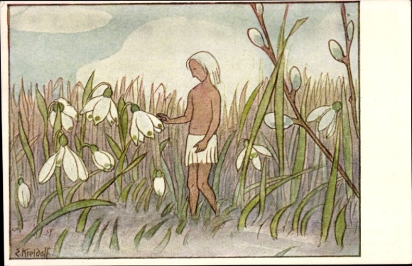 Artist PC Kreidolf, Ernst, lily of the valley greeting, fairy creatures in a meadow, pussy willow branches