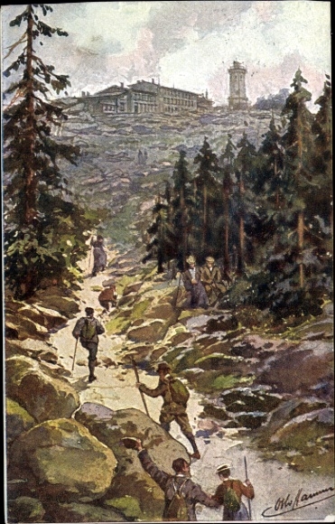 Artist Postcard Hammel, Otto, Brocken in the Harz, Ascent to the Brocken Hotel