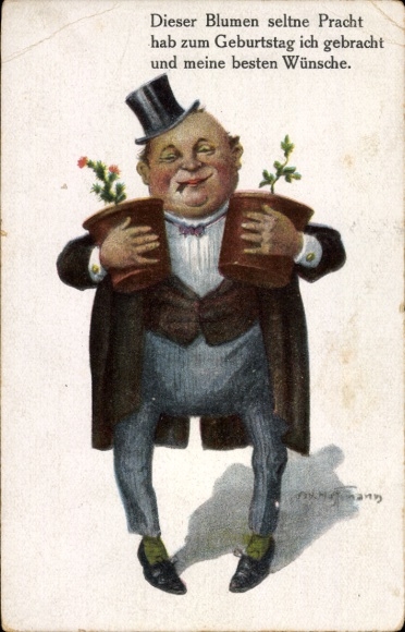 Artist Postcard Hoffmann, Ad., Man with flowerpots, cactus, top hat