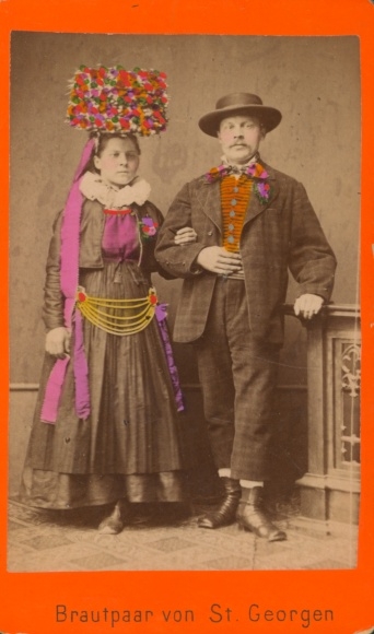 CdV couple in folk costume from St. Georgen, Black Forest, 1886