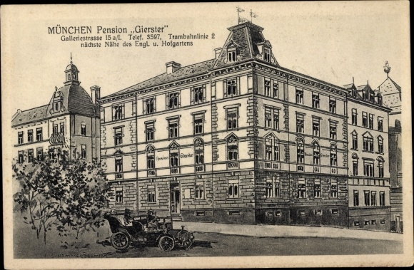 Postcard Munich, Pension Gierster, Galleriestraße 15 a/I.