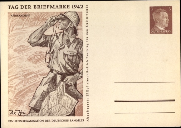 Postal stationery PC Axster Heudtlass, Stamp Day 1942, soldier with pith helmet and telescope