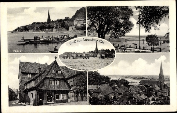 Postcard Lauenburg an der Elbe, ferry, castle garden, oldest house