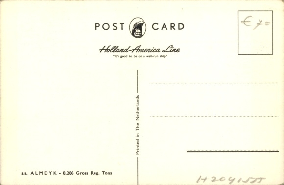 Postcard steamer SS Almdyk, Holland America Line, HAL, cargo ship in motion