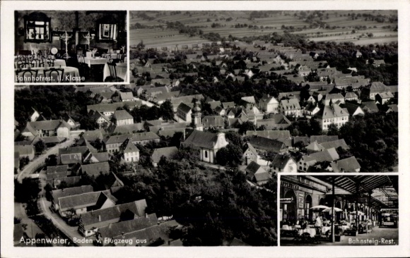 Postcard Appenweier in Baden Black Forest, aerial photograph, platform restaurant, station restaurant