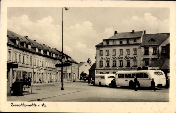 Postcard Dippoldiswalde in the Ore Mountains, city view with streets and buildings, Hotel Roten Hirsch, buses