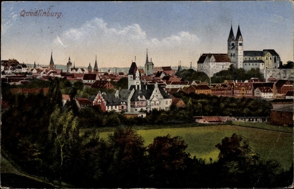 Postcard Quedlinburg in the Harz, partial view with church