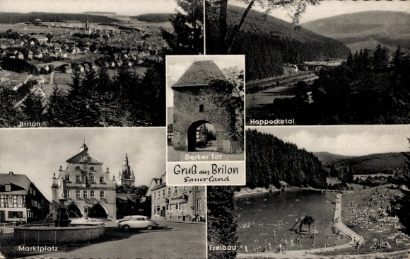 Postcard Brilon in Sauerland, Derker Tor, Hoppecketal, market square, outdoor pool
