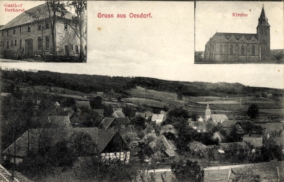 Postcard Oesdorf Marsberg in the Sauerland, general view, church, Gasthof Berhorst