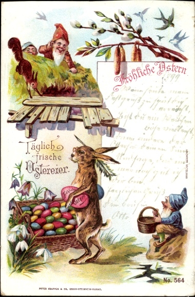 Litho Glückwunsch Ostern, Ostereierkorb, Osterhase als Maler, Zwerge