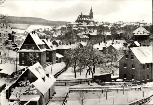 Postcard Schneeberg in the Ore Mountains, panorama, winter view